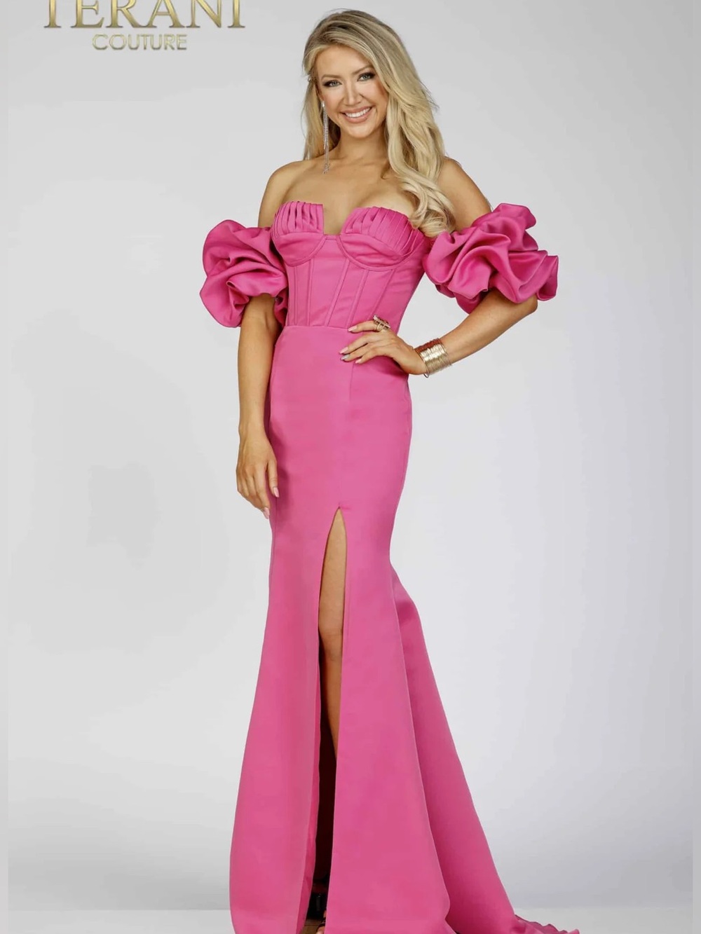 Terani Couture 0181 Fuchsia Ruffled Sleeve Mermaid Gown